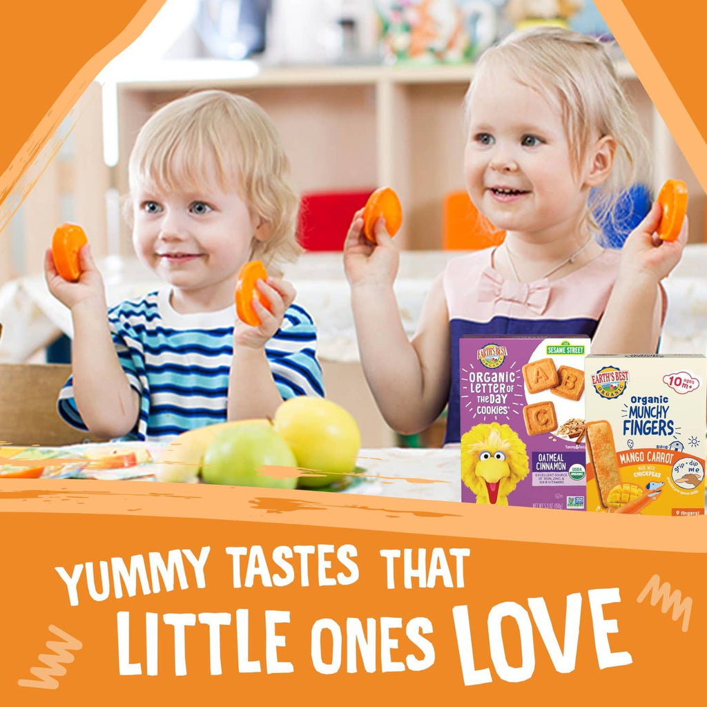 Two toddlers holding organic crunchy cheddar teething sticks from snack packs.