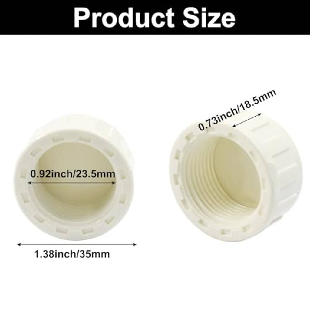 White PVC female-thread end cap pair with side view showing internal thread and opening