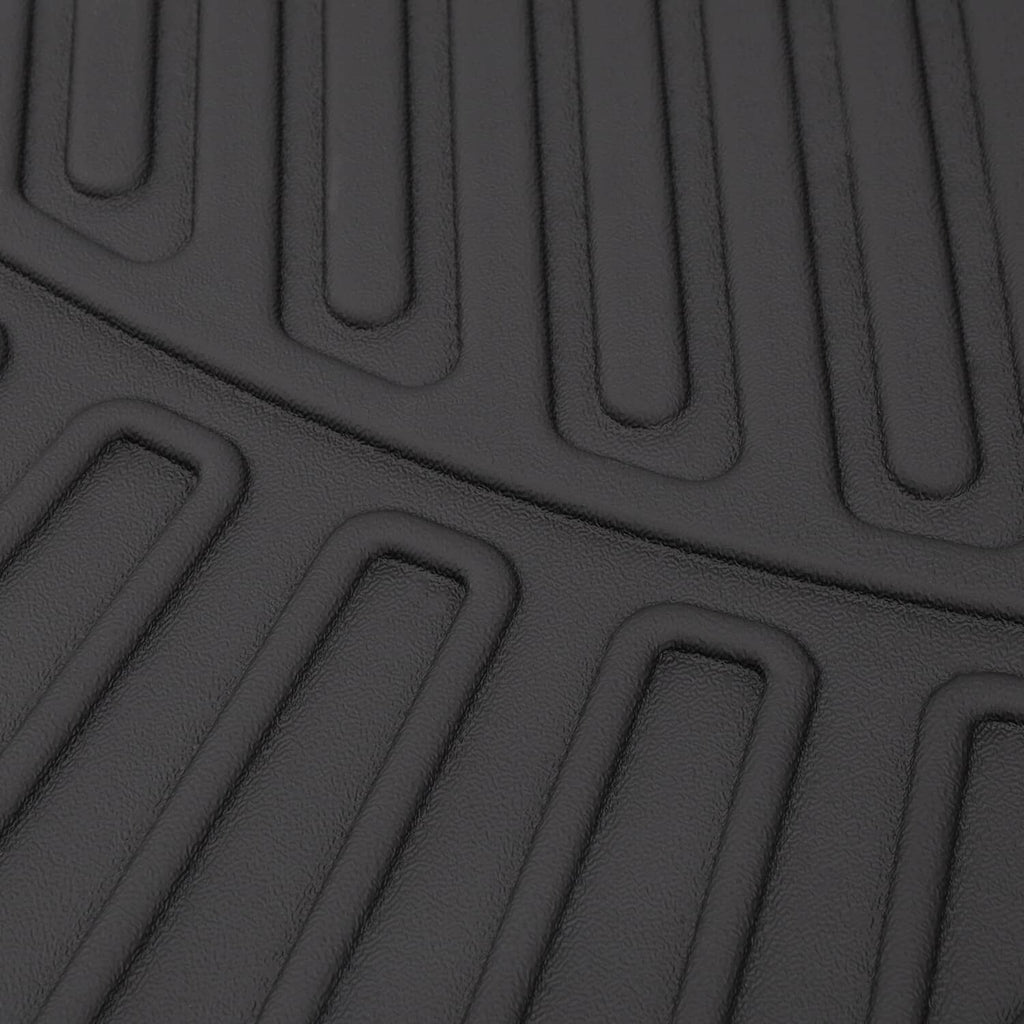 Close-up of black rubber floor mat texture with raised channels and grip grooves