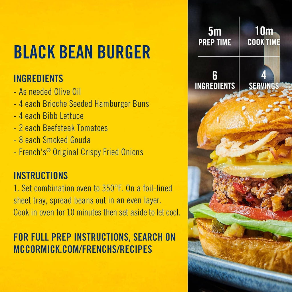 Black bean burger recipe panel listing ingredients including French's Original crispy fried onions