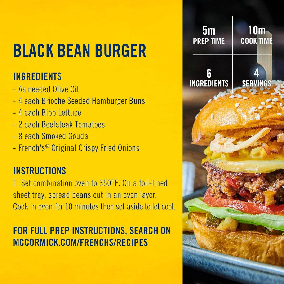 Black bean burger recipe panel listing ingredients including French's Original crispy fried onions