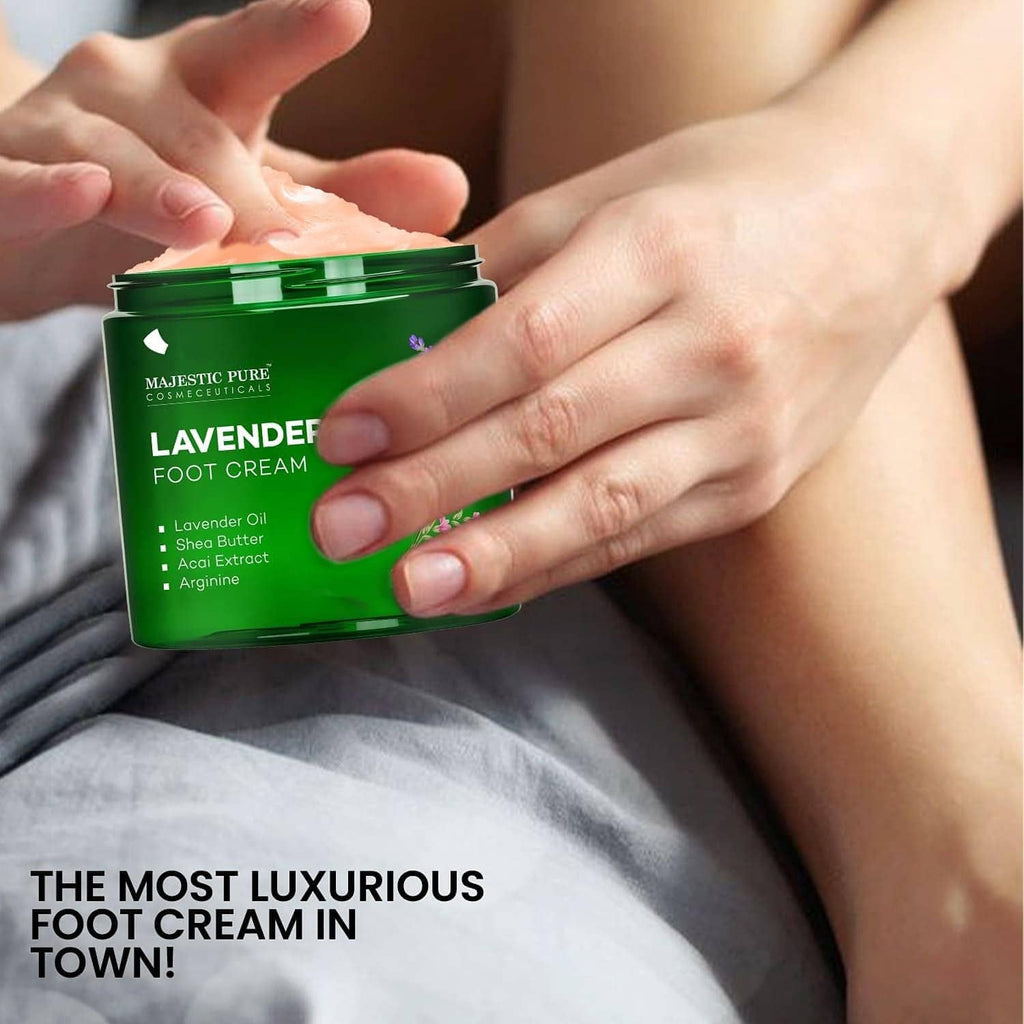 Majestic Pure lavender oil foot cream jar with hand rubbing foot, green 8 oz.