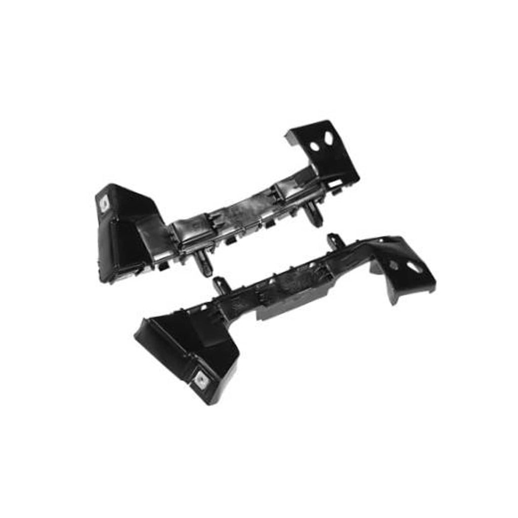 Pair of black front bumper mounting support brackets, angled front view