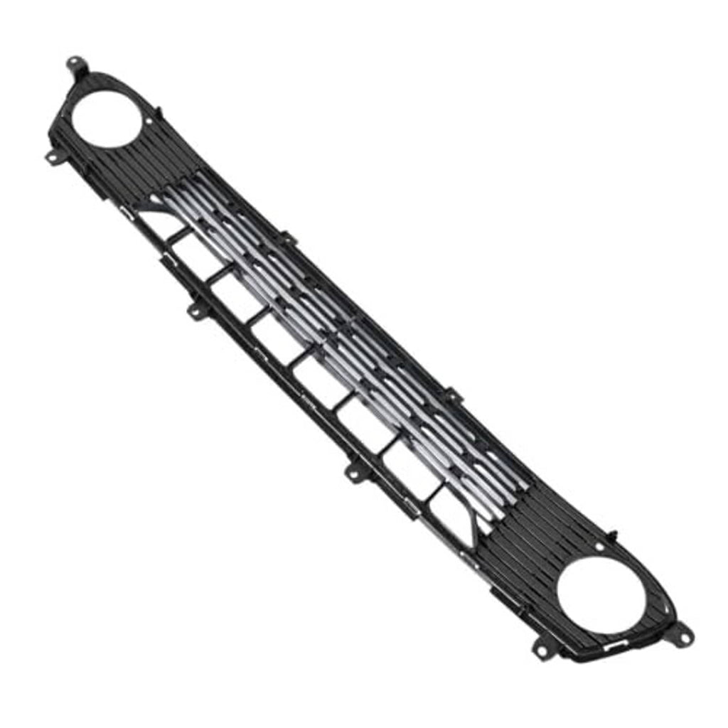 Front bumper lower grille, black slatted grille with two circular openings and mounting tabs