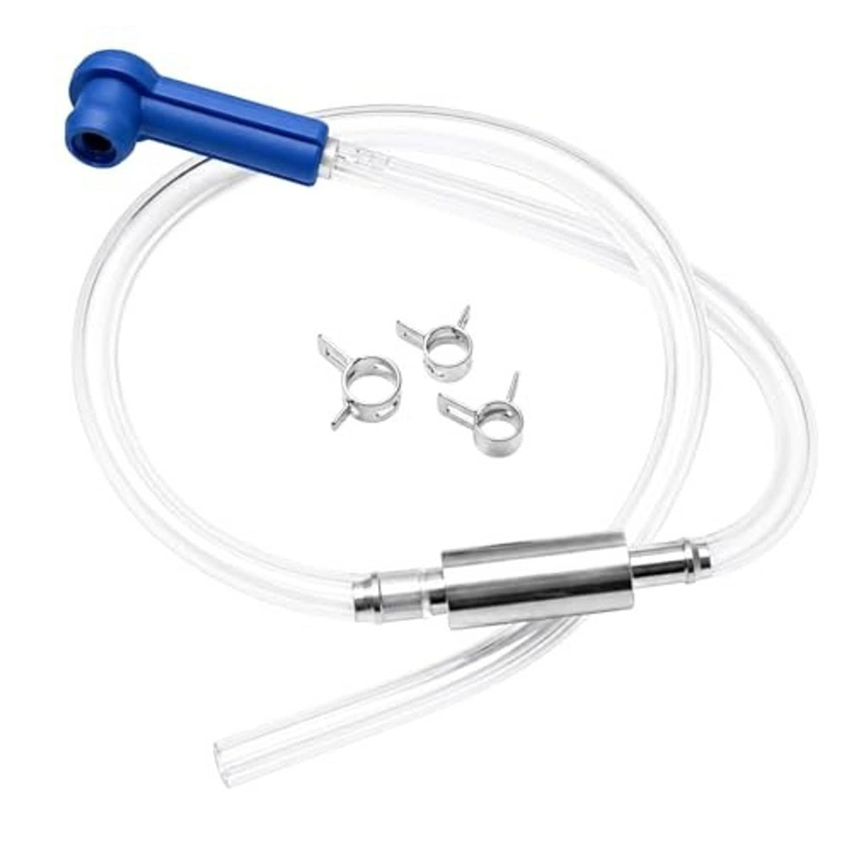 Brake bleeder kit with blue connector, clear hoses, metal check valve and spring clamps