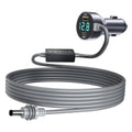 Coiled 12–24V car power cable with cigarette-lighter plug and inline adapter meter