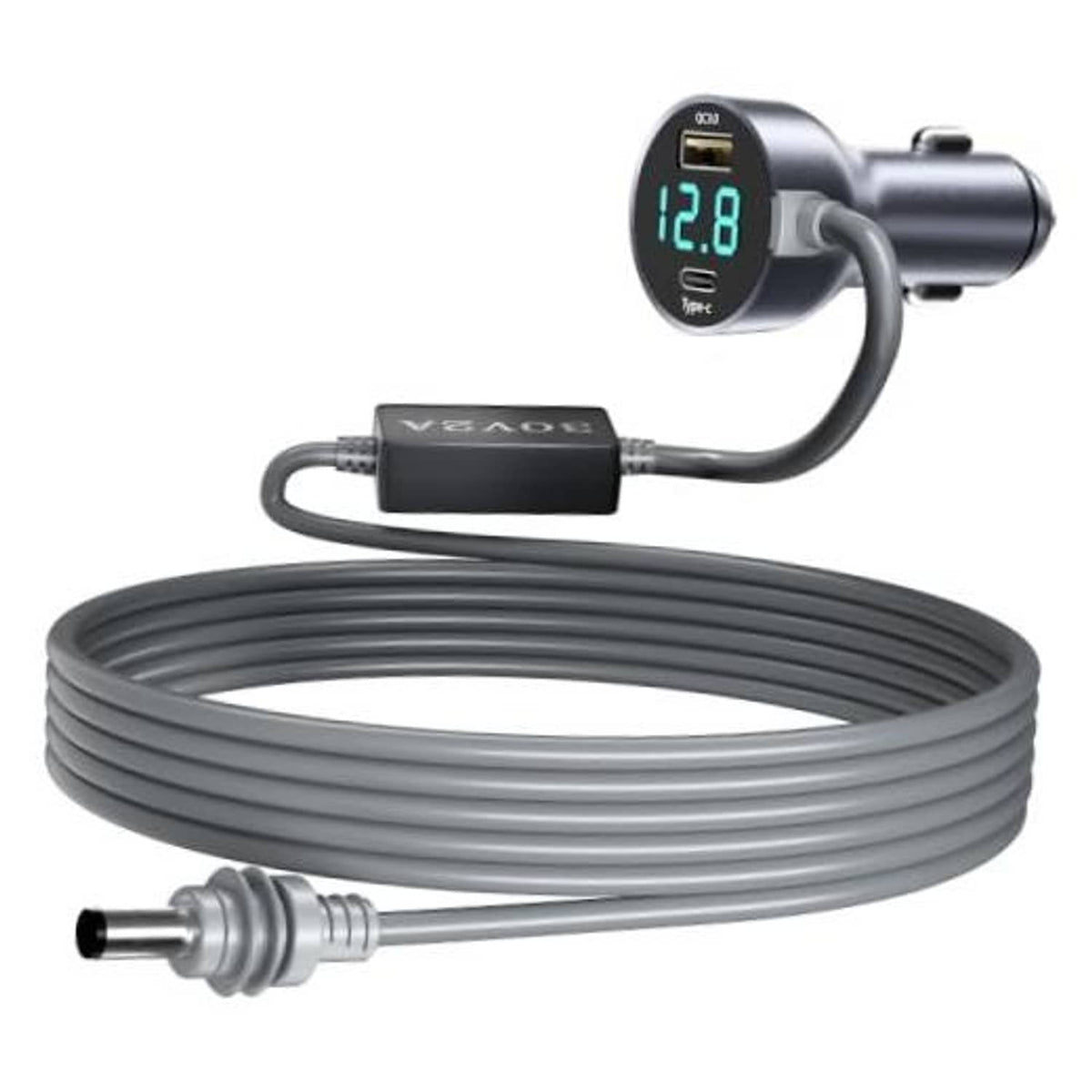 Coiled 12–24V car power cable with cigarette-lighter plug and inline adapter meter