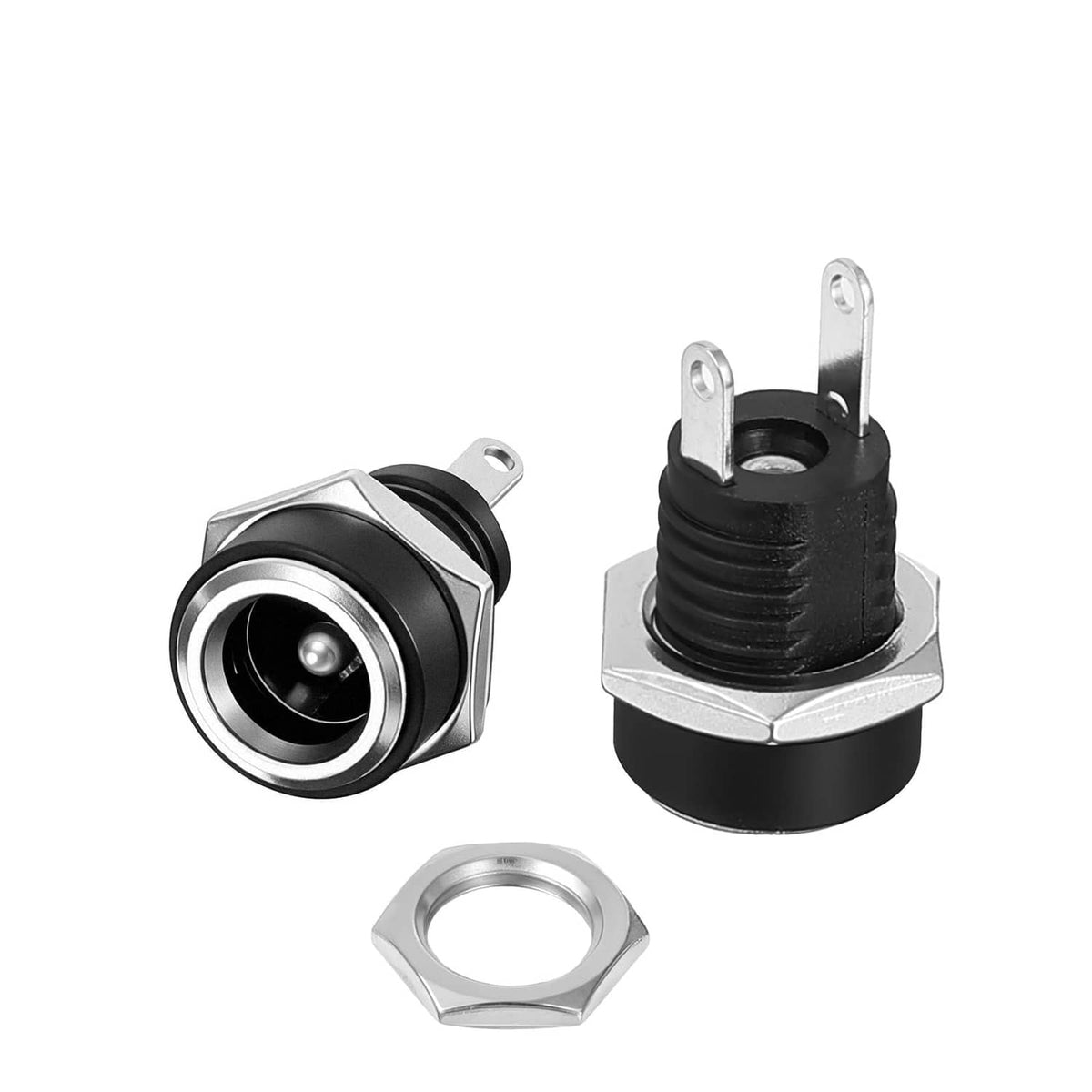 Black 5.5x2.1mm DC panel-mount power jack connectors with mounting nuts