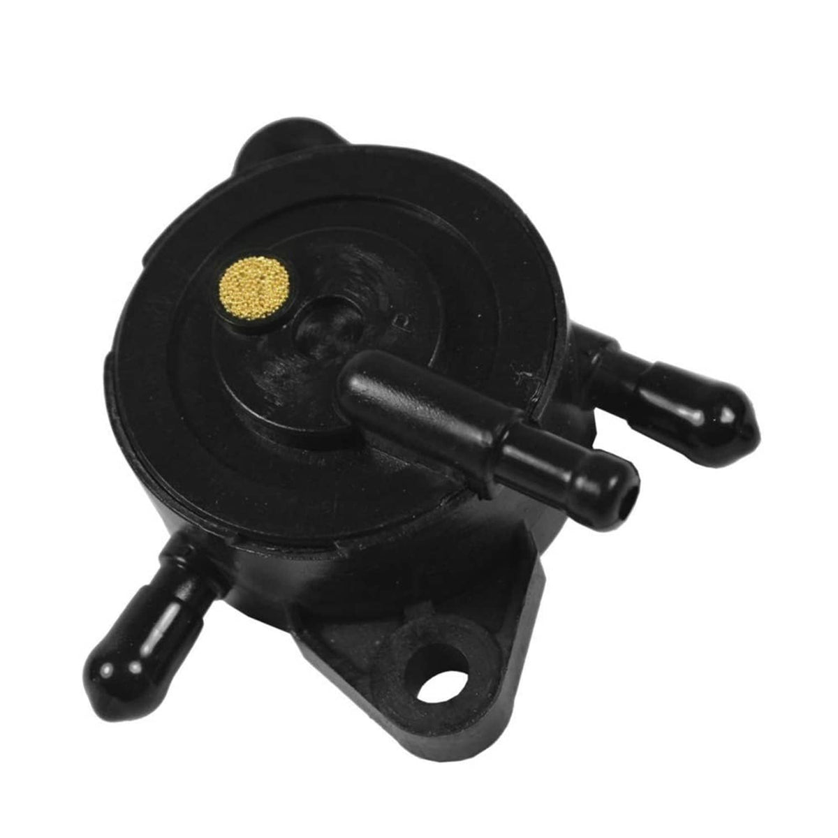 Black diaphragm fuel pump side view with two outlet tubes and mounting bracket