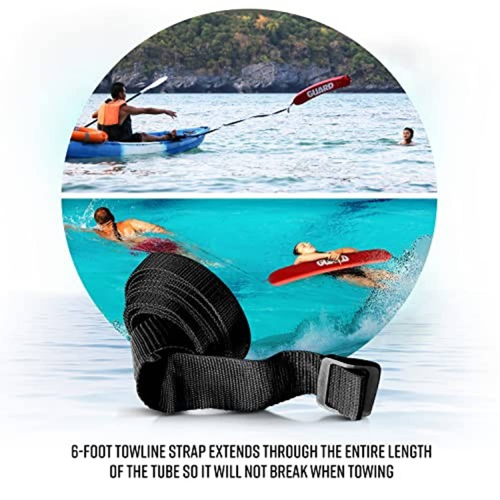 Red lifeguard rescue tube with GUARD lettering and black tow strap used in water