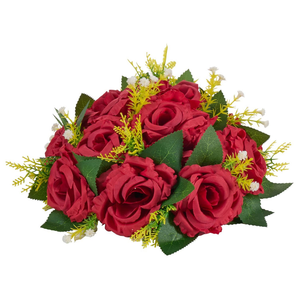 Artificial flower ball with red fabric roses, green leaves, and yellow accents