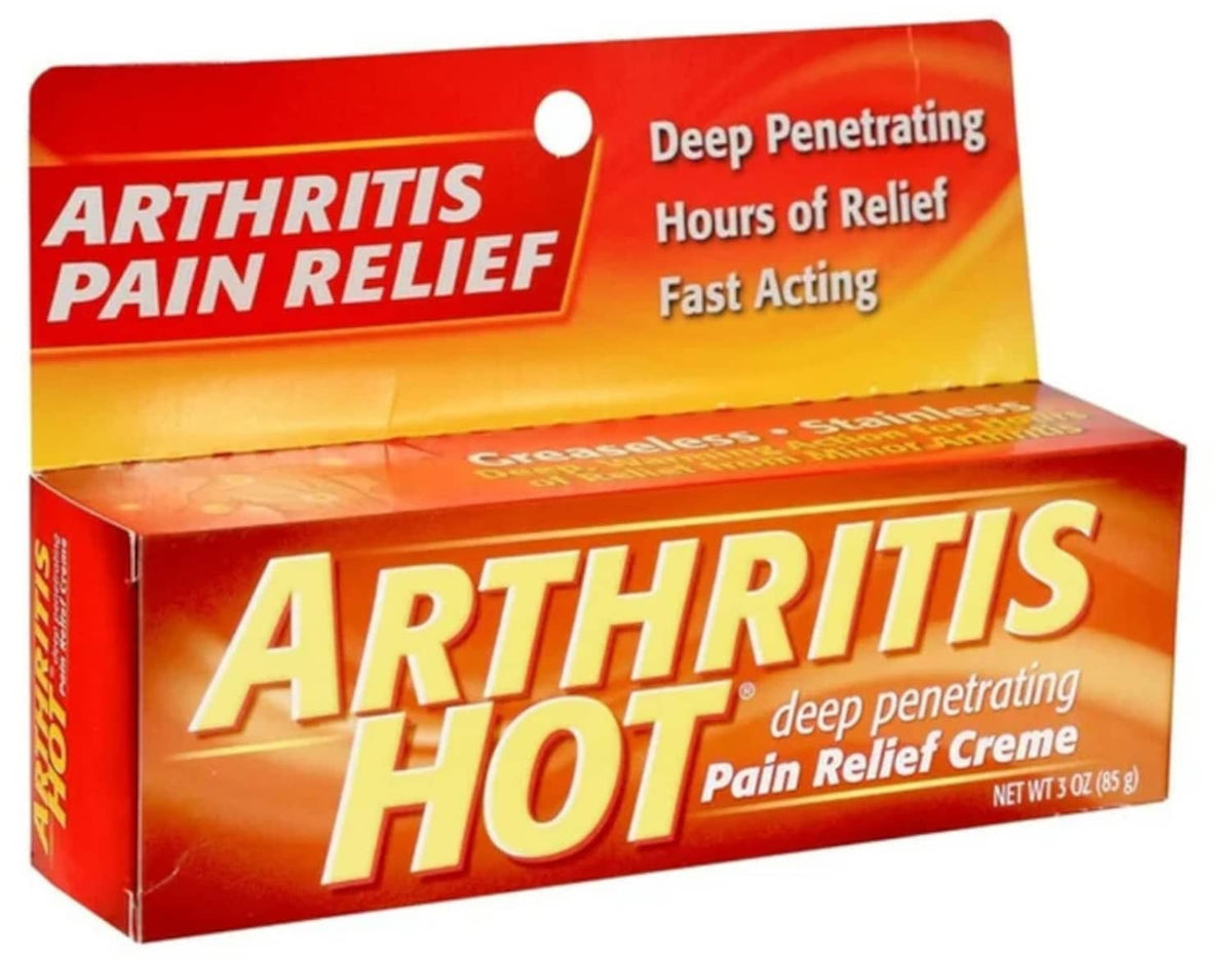 Pain relief creme box front, orange and yellow “Arthritis Hot” label, 3 oz