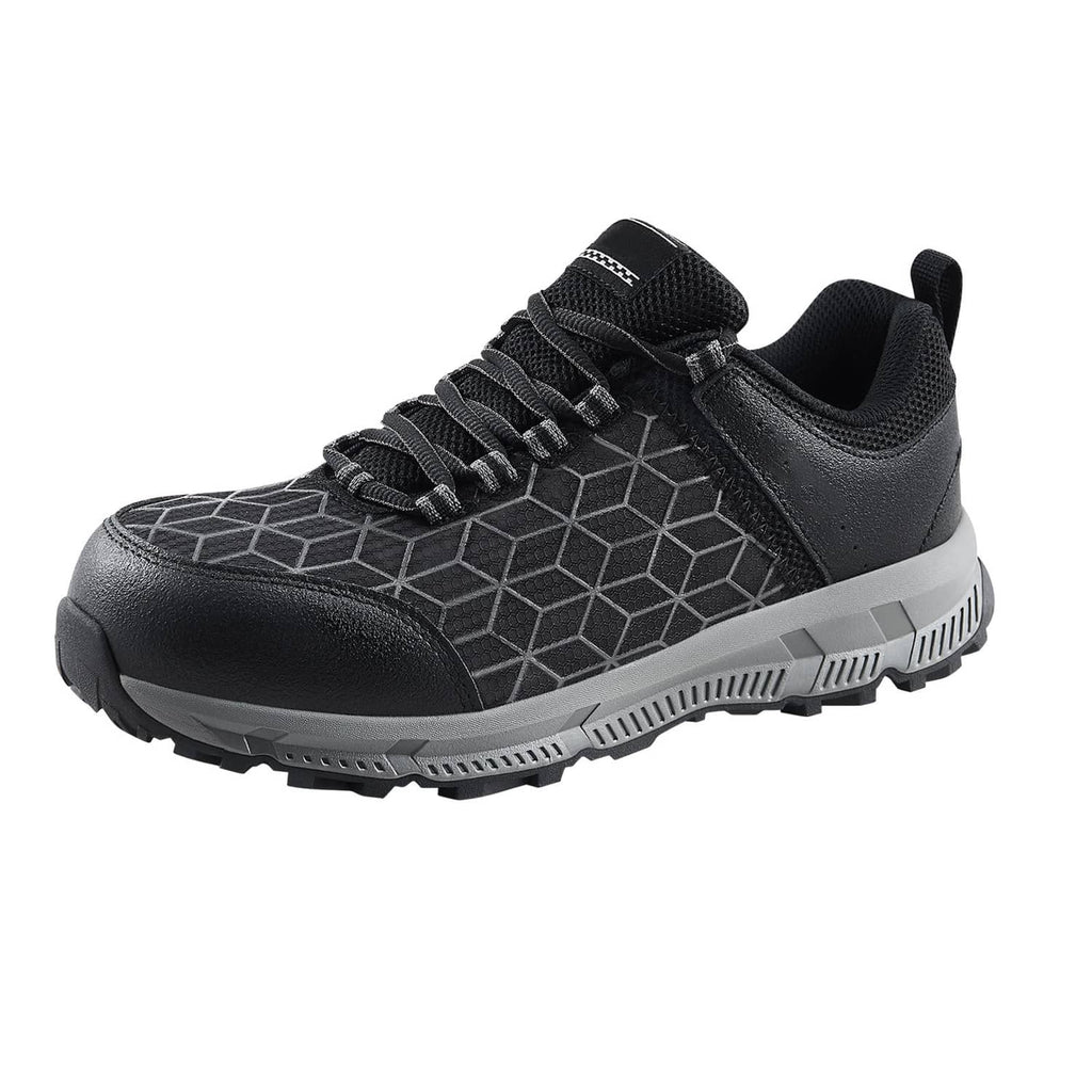 Men's black lace-up work sneaker with geometric grid pattern and chunky tread outsole