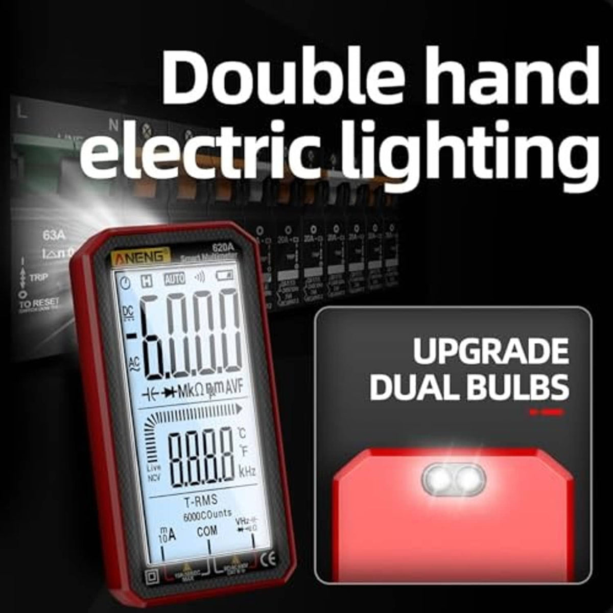 Red digital multimeter tester with dual-bulb flashlight feature and LCD display