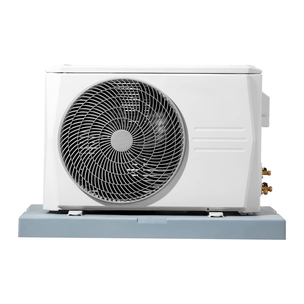 Outdoor mini split AC condenser mounted on a gray anti-vibration pad