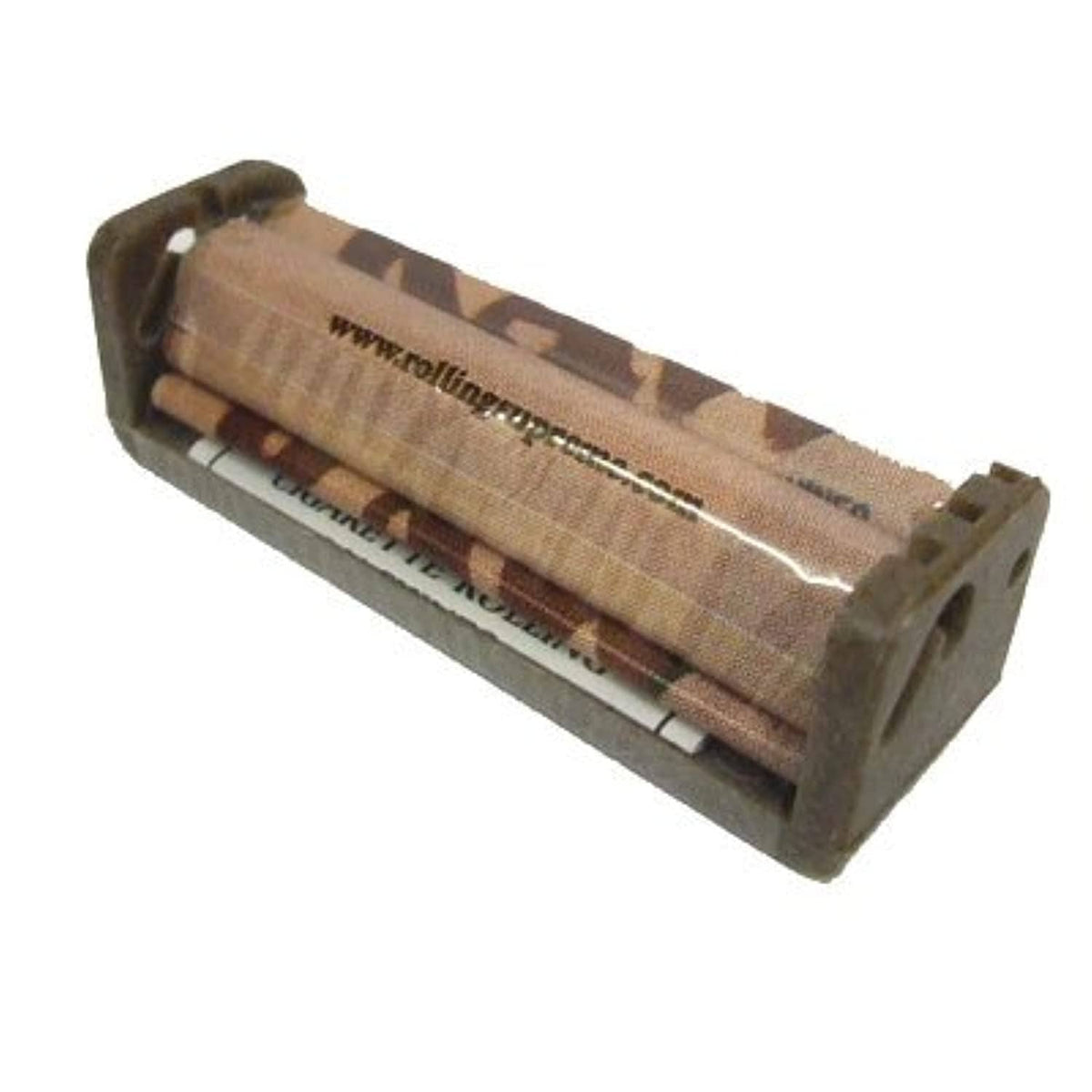 RAW hemp plastic cigarette rolling machine, angled view showing open roller drum