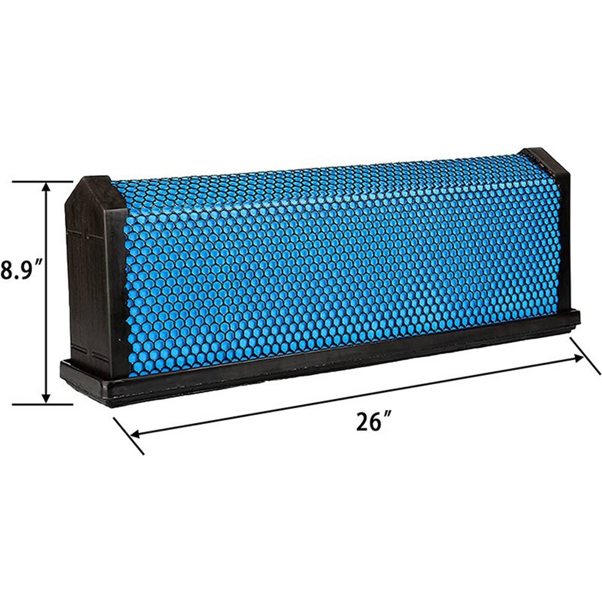 Rectangular air filter with blue mesh element, black frame, 26 in length
