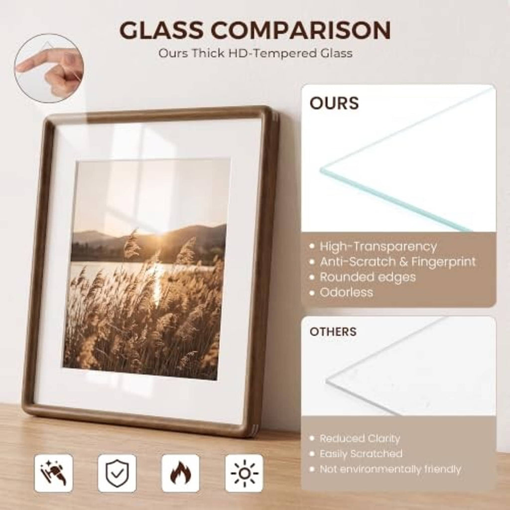 Walnut-tone picture frame front with comparison of high-transparency tempered glass