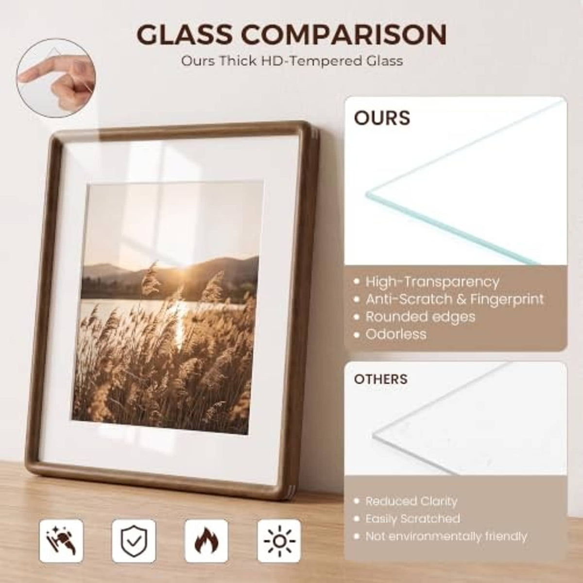 Walnut-tone picture frame front with comparison of high-transparency tempered glass