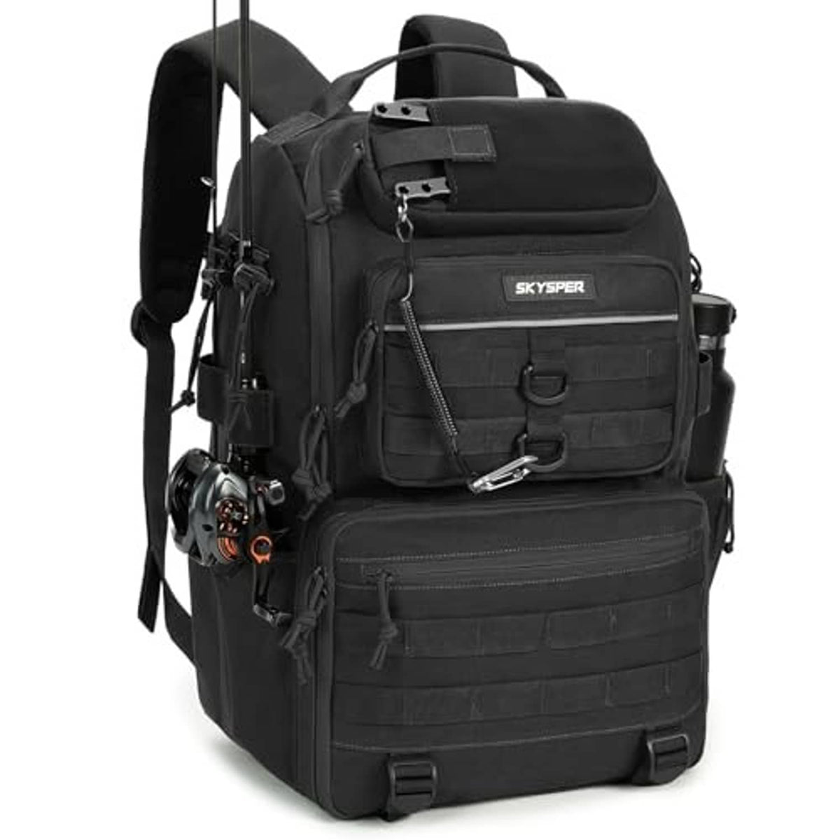 Black tackle backpack with rod holders, front latch pockets, and side attachment straps