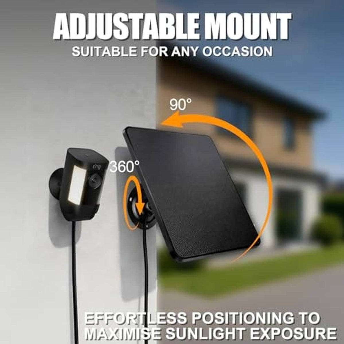 Black solar panel with adjustable swivel mount for maximizing sunlight exposure
