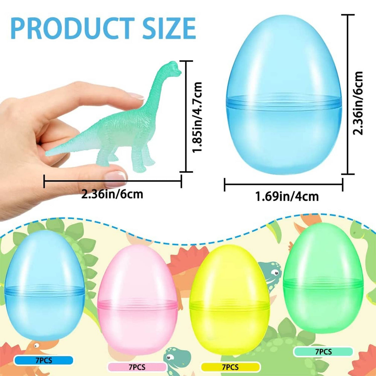 Blue dinosaur-filled Easter egg toy held by hand, with size measurements