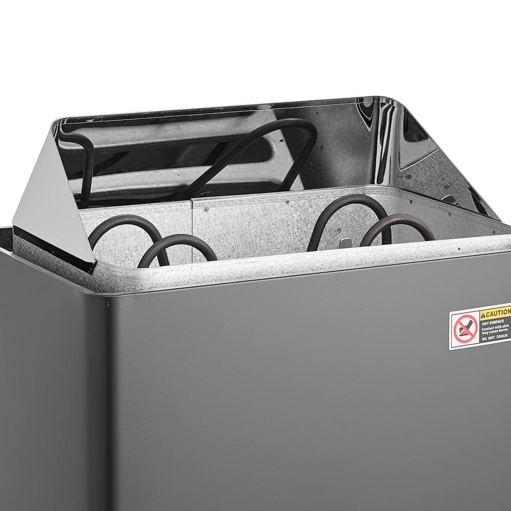 Electric sauna heater top with exposed heating elements and caution label on black body.
