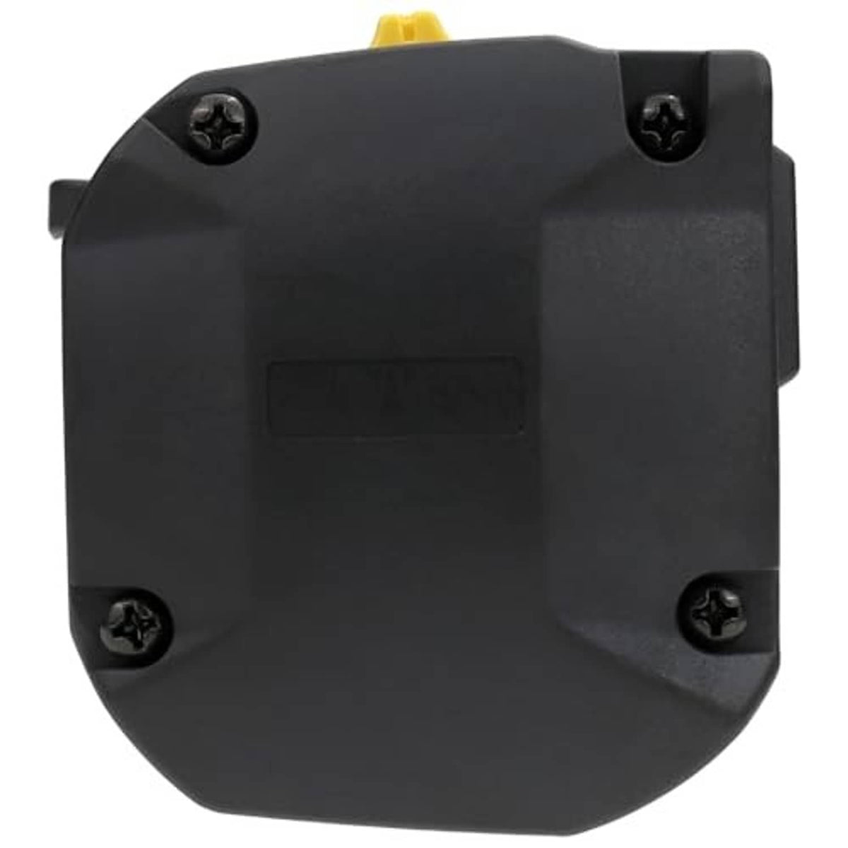 Black control module base with four corner screws and yellow lever tip