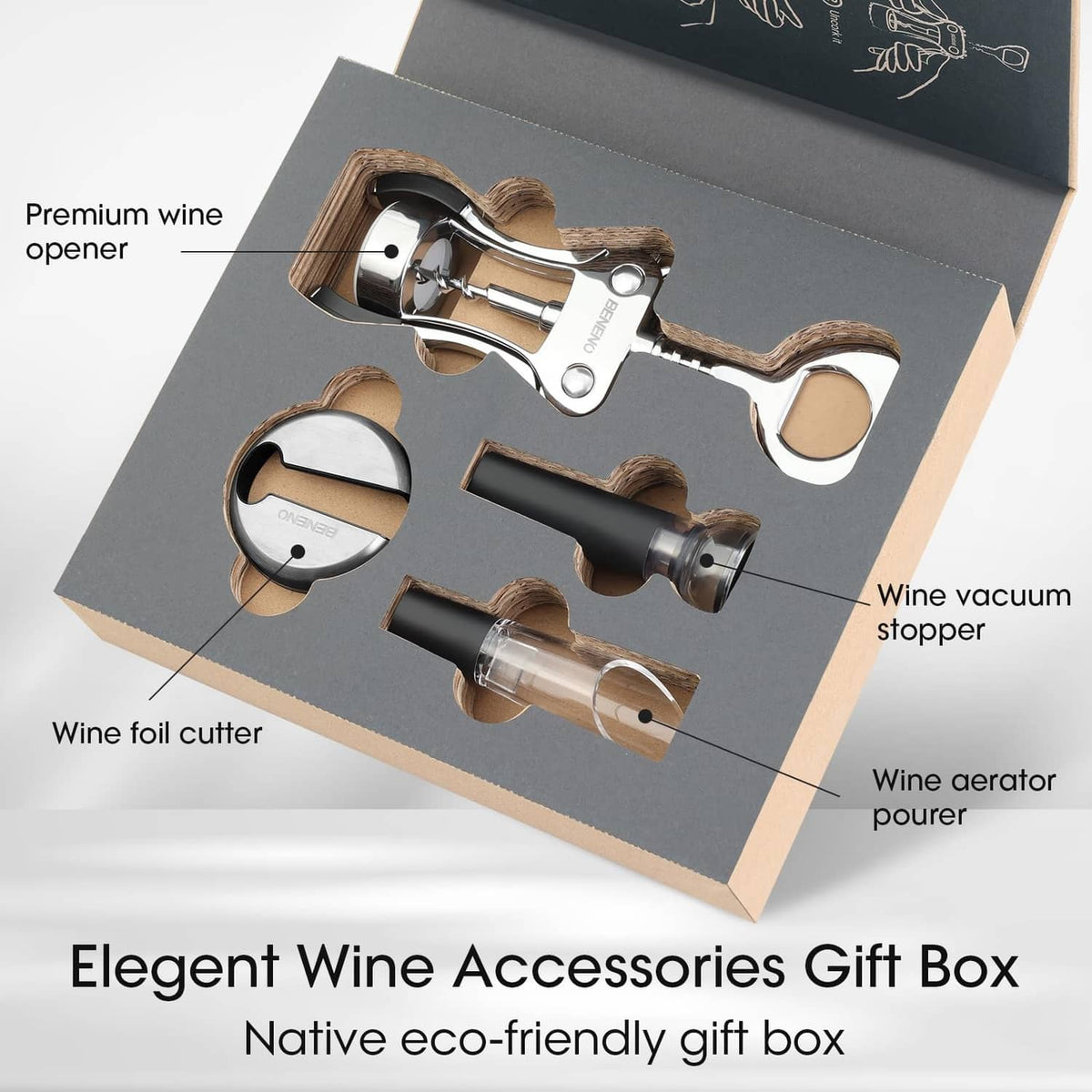 Wine accessories set in open gift box: corkscrew, foil cutter, aerator, vacuum stopper