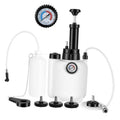 Brake bleeder pressure pump kit with white bottles, pressure gauge, hoses, and connectors