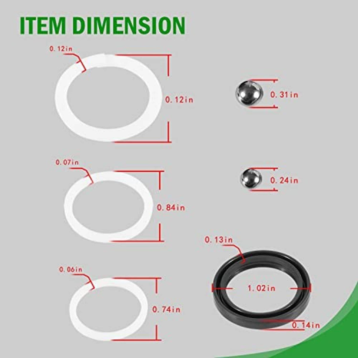 Seal kit dimension diagram: white gaskets and small metal ball parts