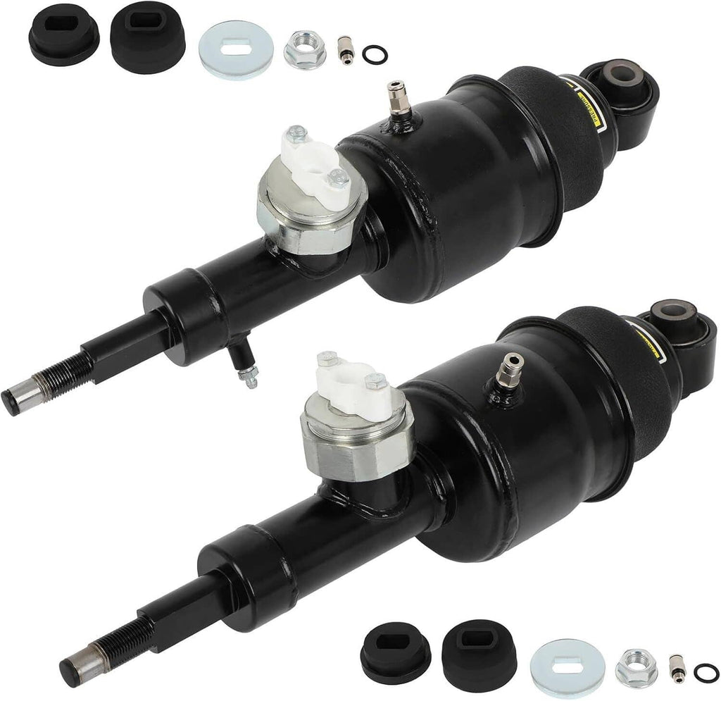 Two black air suspension shock struts with bushings plus washers and installation hardware