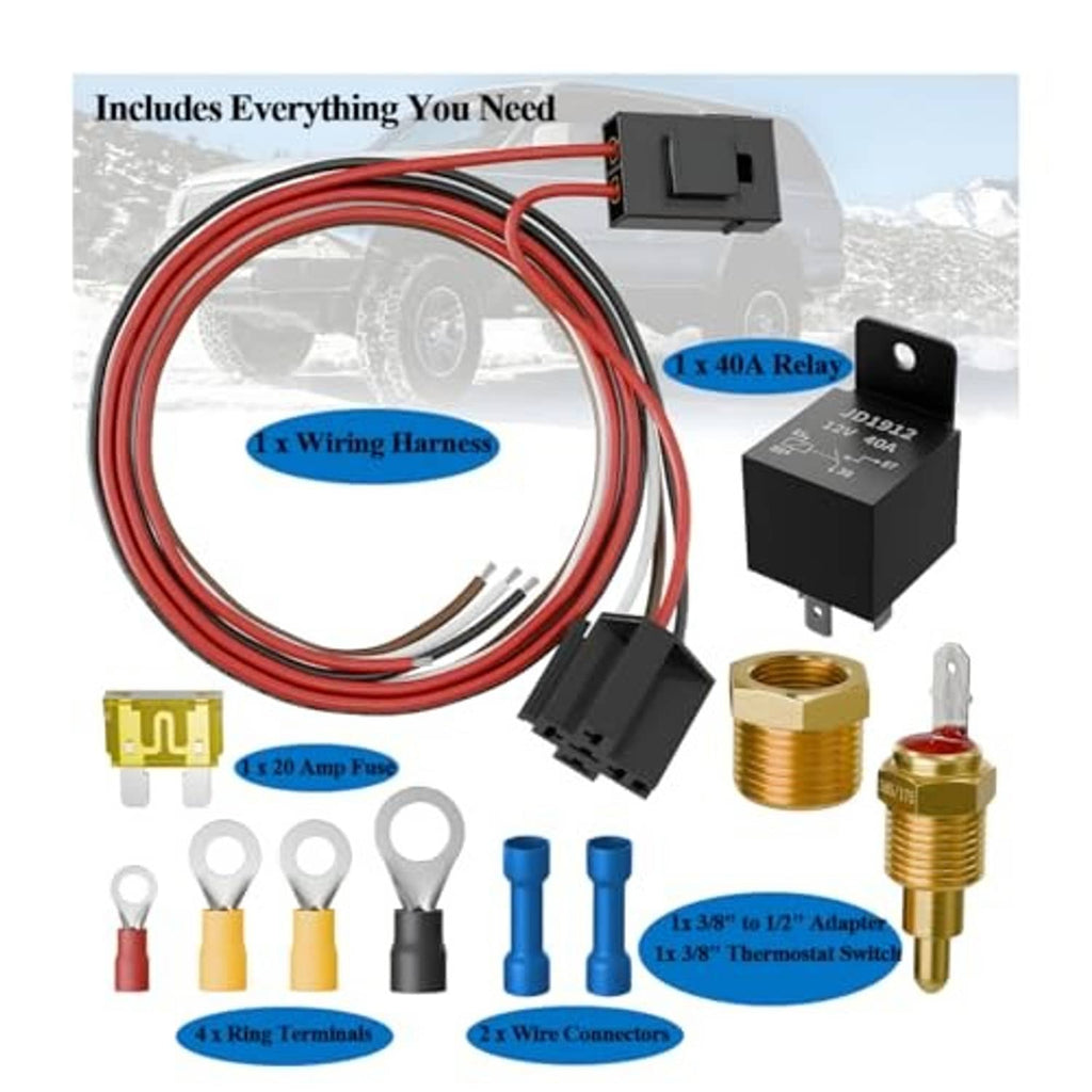 Complete cooling fan relay kit set with wiring harness, 40A relay, connectors, and terminals