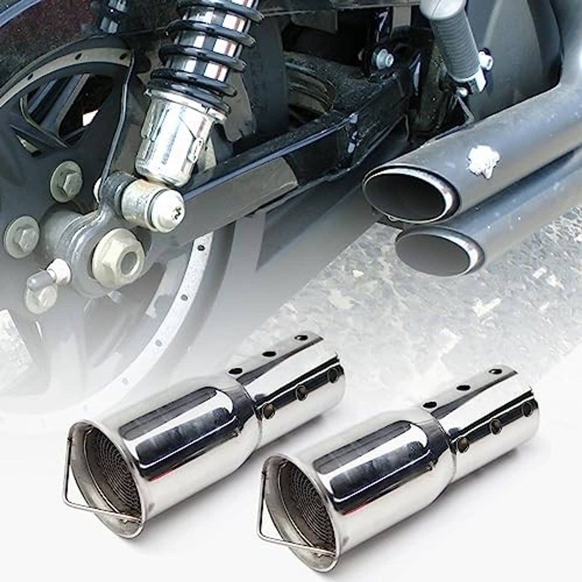 Two stainless steel exhaust silencers with perforated baffle and mesh inlet screens, 2-pack