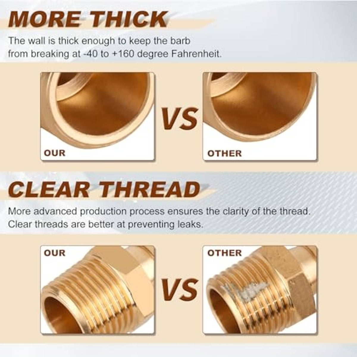 Close-up brass hose barb adapter showing clear threads and barbed hose connection