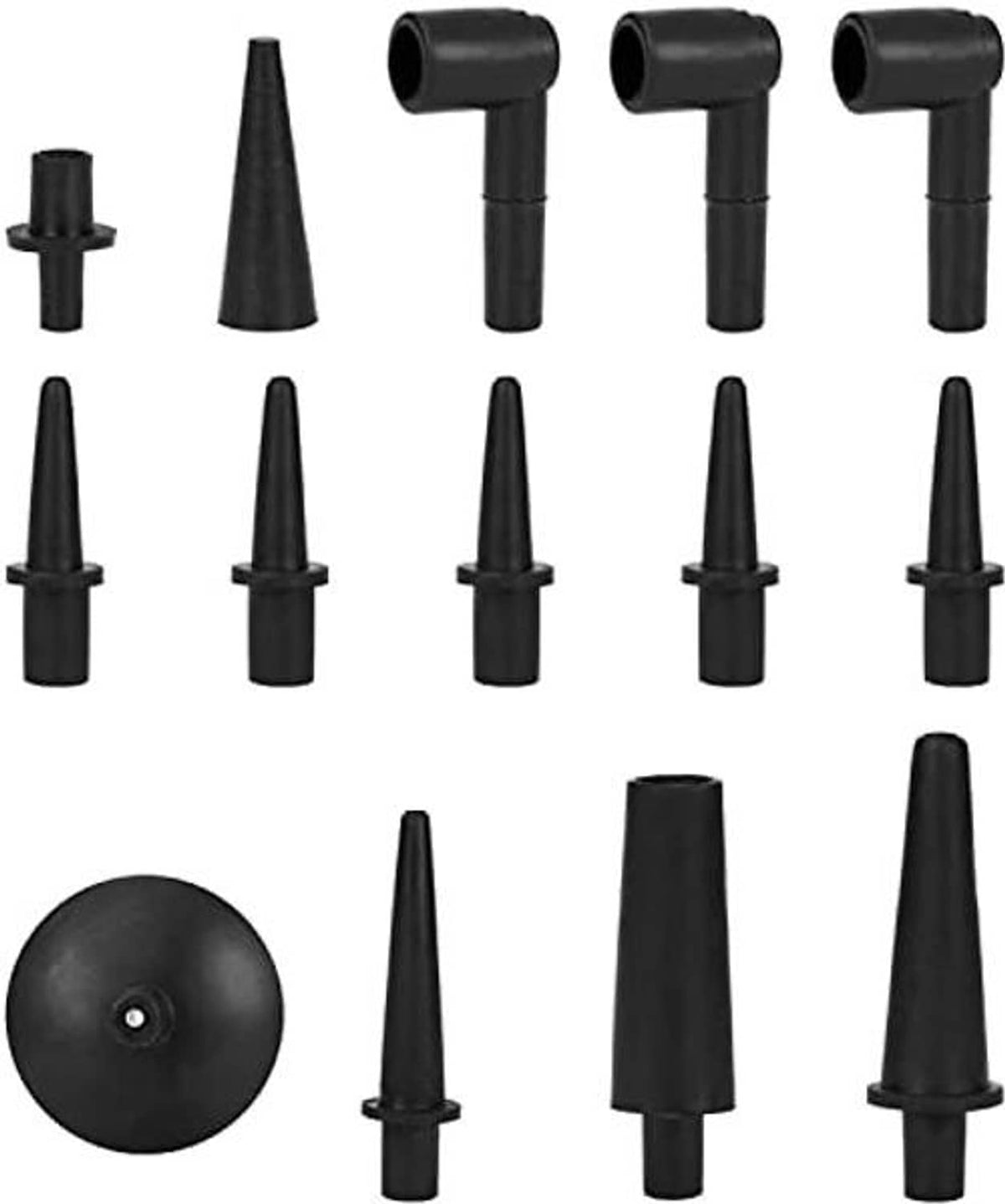 Assorted black brake bleeding adapters and nozzles with caps and plugs