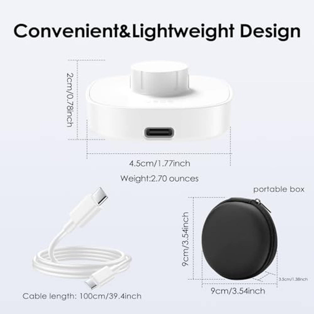 White portable ring charger dock with USB-C port and included black storage case