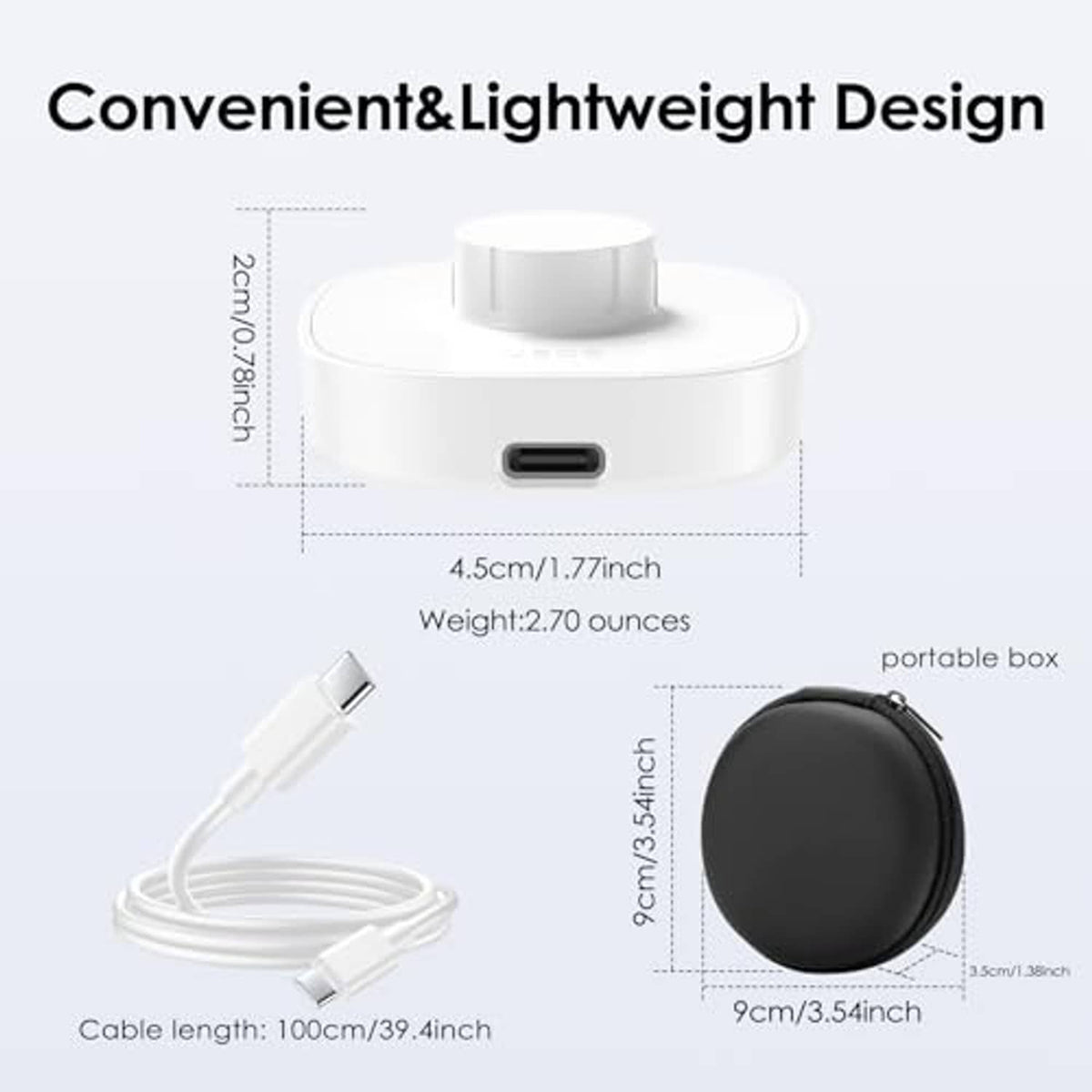 White portable ring charger dock with USB-C port and included black storage case