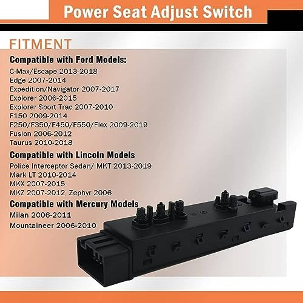 Black power seat adjust switch shown angled with multi-pin connector