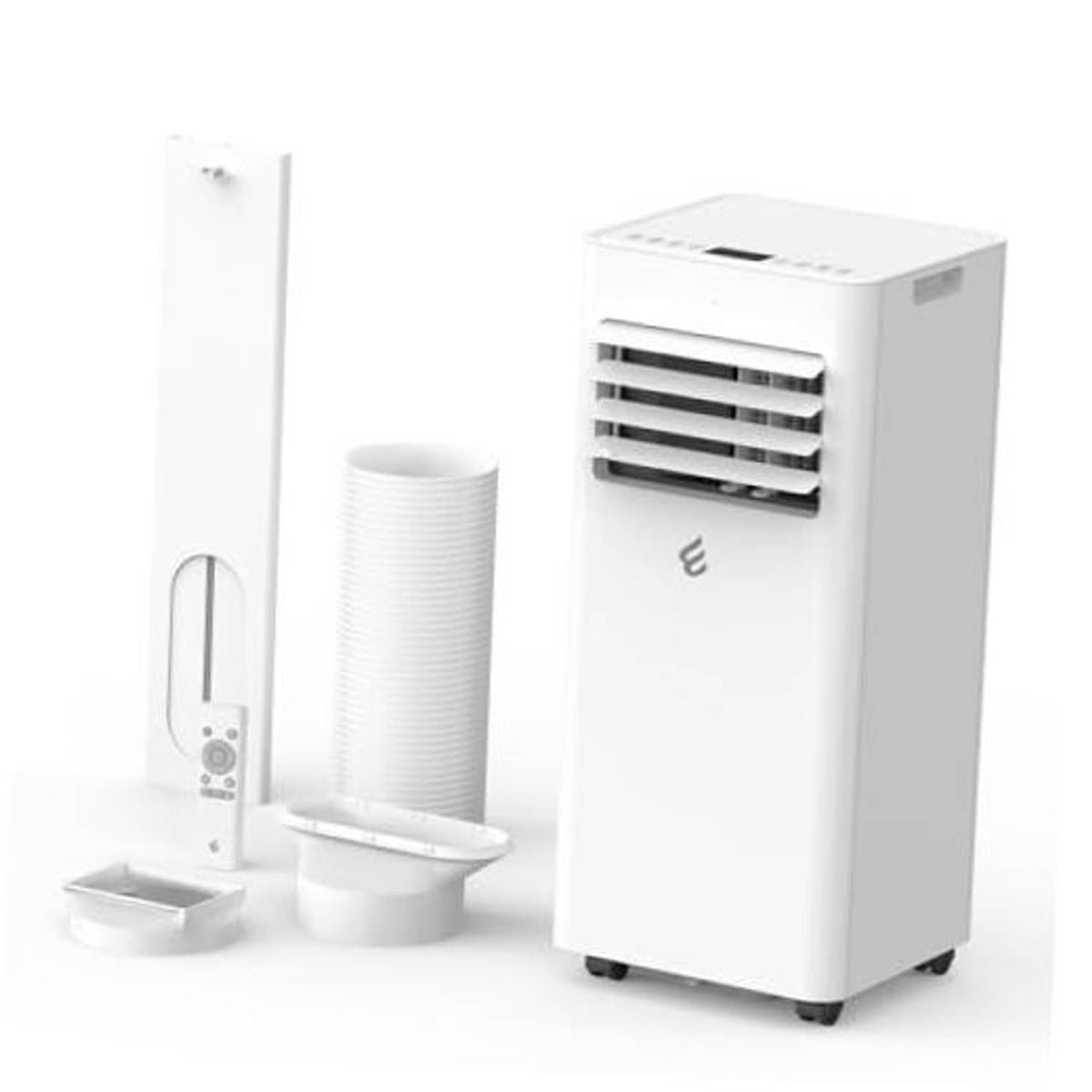 White portable air conditioner with front louvers and base wheels