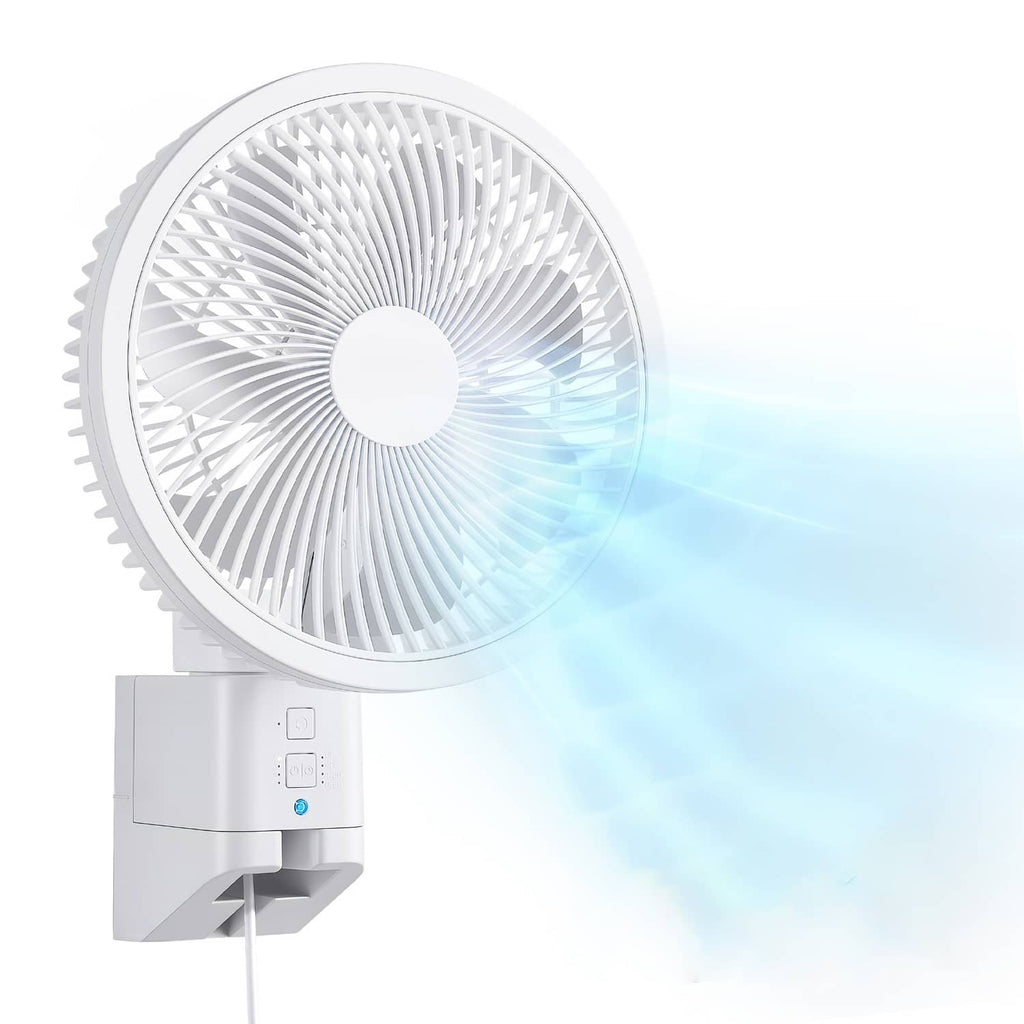Wall-mounted oscillating fan on a wall with visible airflow stream