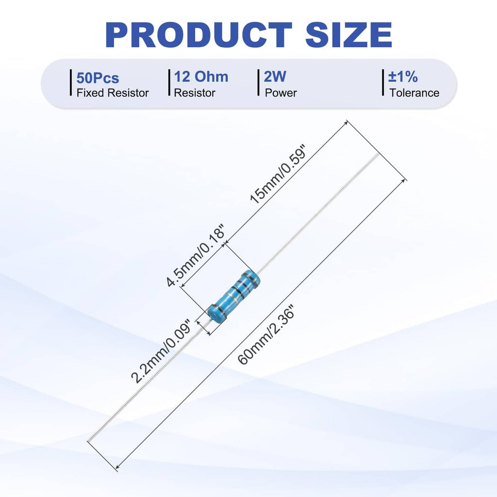 12 ohm fixed resistors with size diagram and lead dimensions