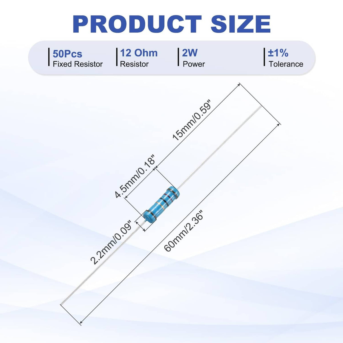 12 ohm fixed resistors with size diagram and lead dimensions