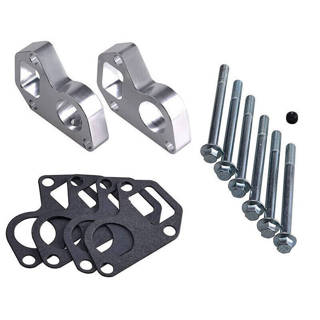 Water pump spacer adapter kit with two silver spacers, bolts with nuts, and gaskets
