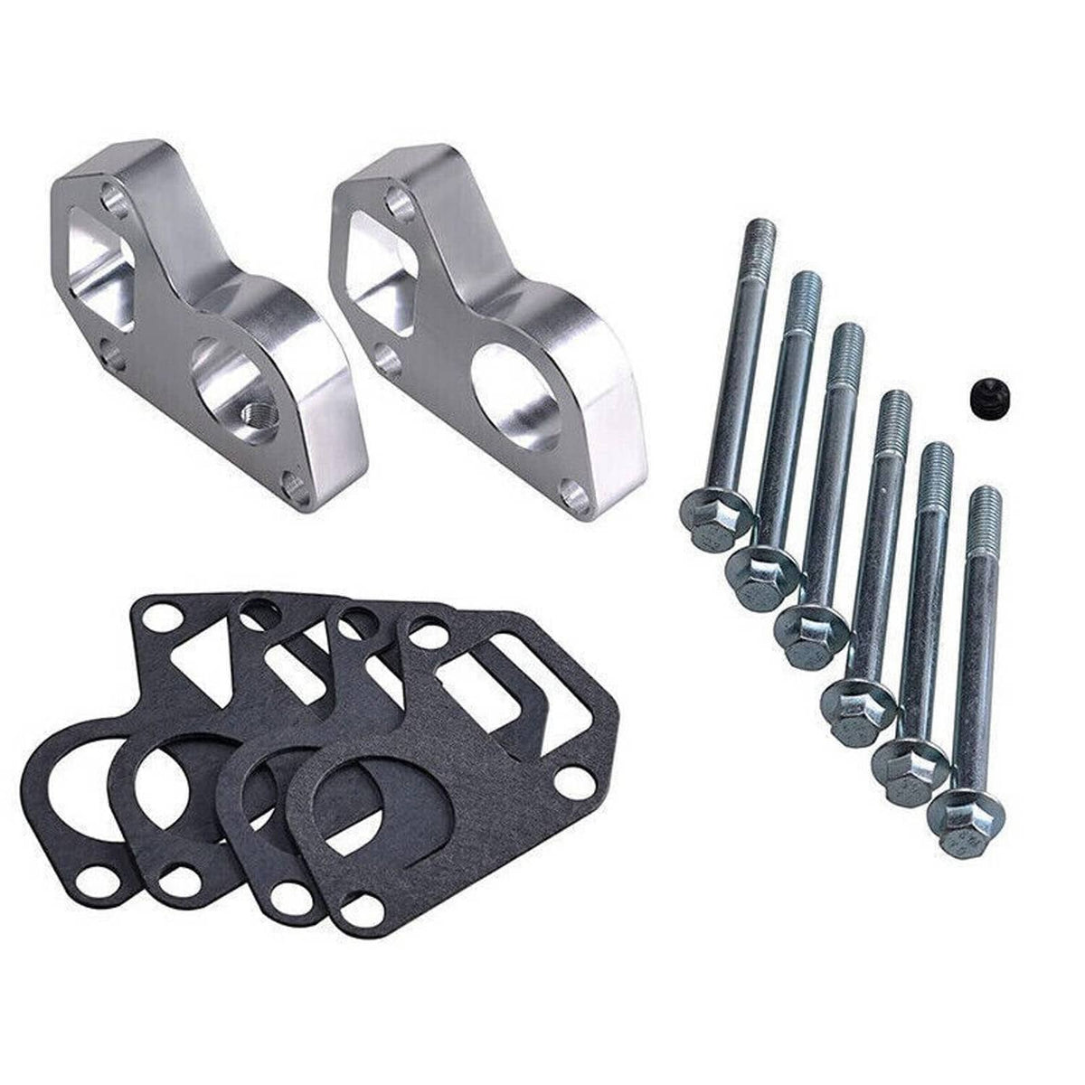 Water pump spacer adapter kit with two silver spacers, bolts with nuts, and gaskets