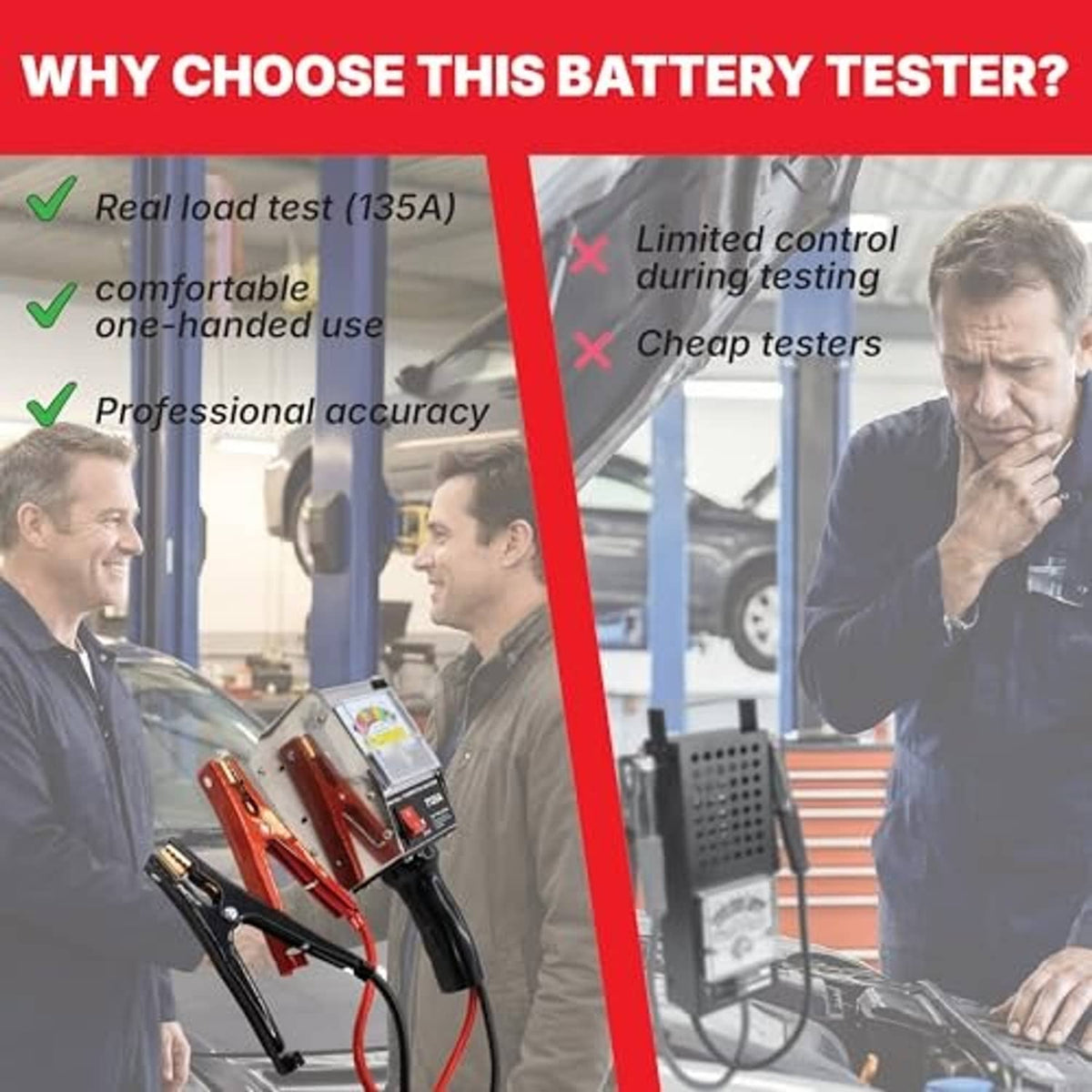 Battery load tester with analog gauge and red clamp leads, compact portable tool