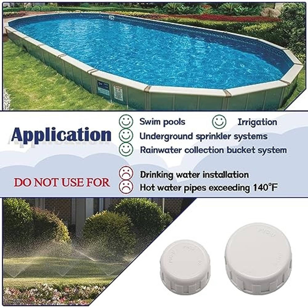 Pair of white PVC female thread pipe end cap plugs with ridged top for thread sealing