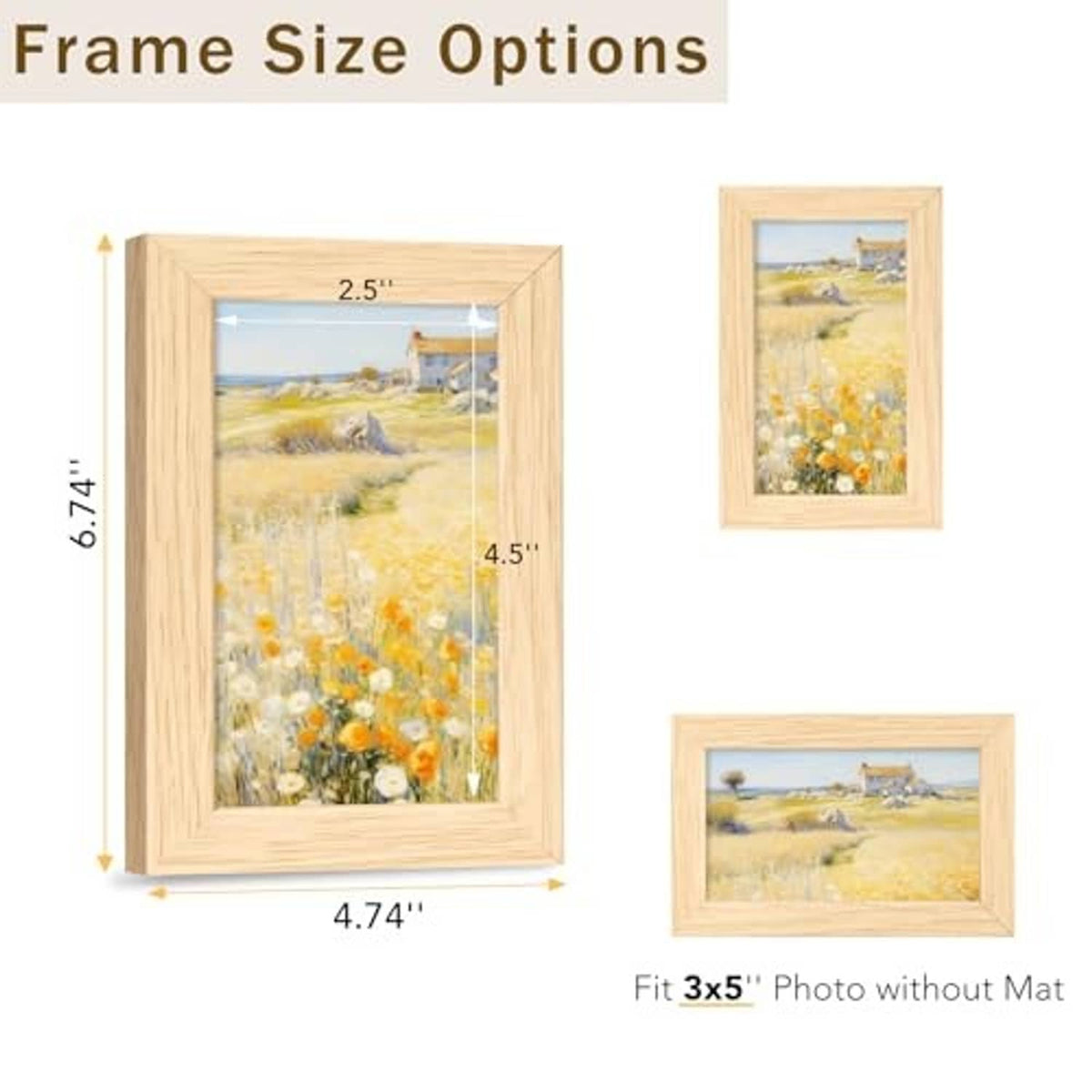 Natural wood 3x5 picture frame size guide, includes fit for 3x5 photo without mat