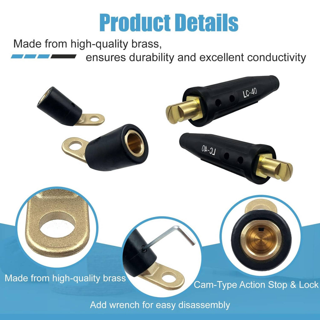 Brass-and-black welding cable connectors with ring lugs and cam-type lock ends