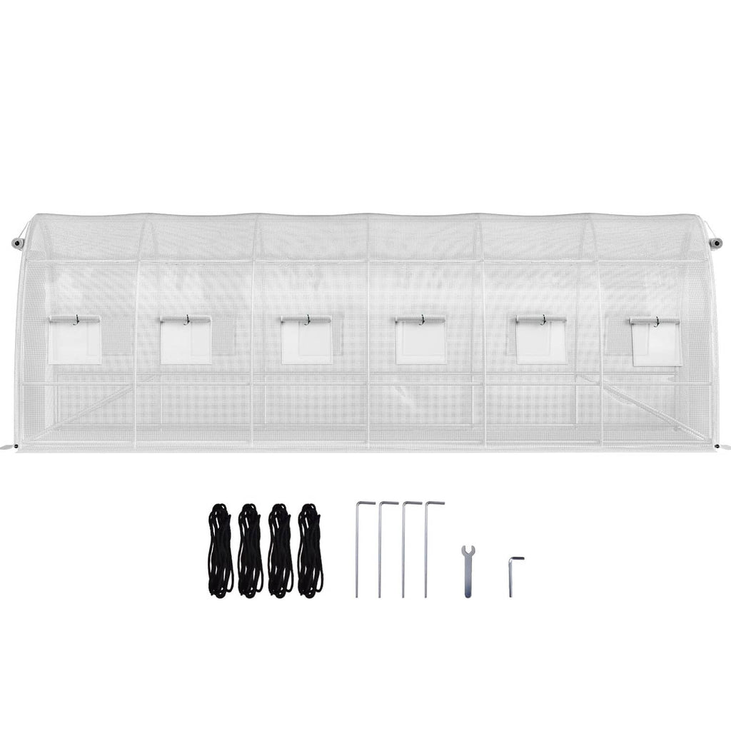 Tunnel greenhouse kit with white cover and galvanized frame, plus included black straps and poles